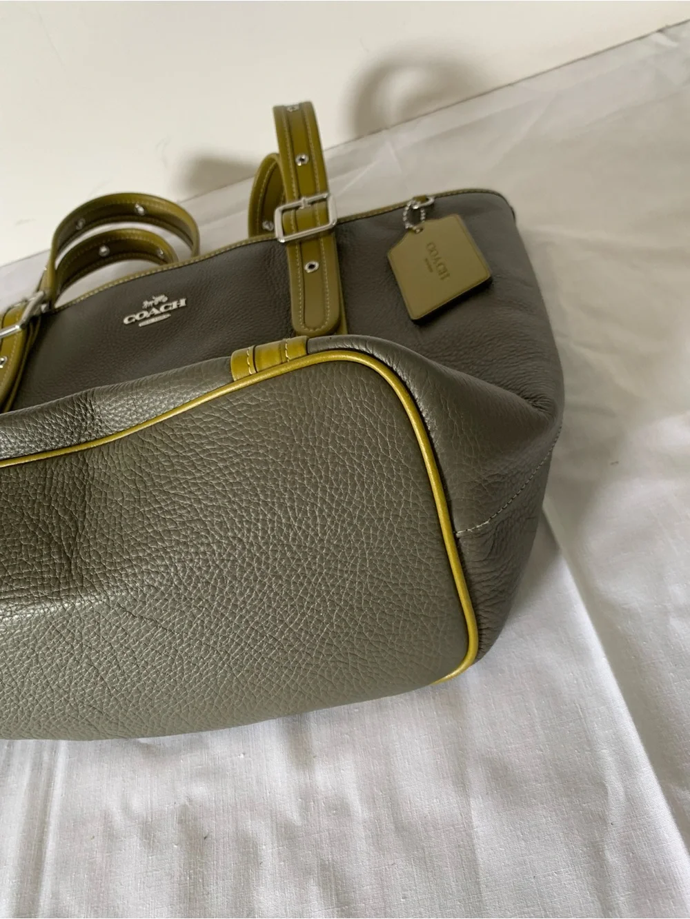 Coach Olive Green Leather Tote with Contrast Trim